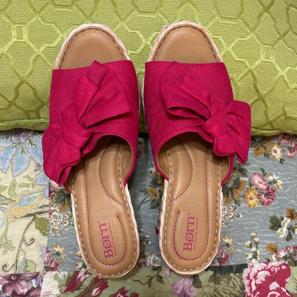 Born Women's Fuchsia Canvas Bow Slide Sandals WORN ONCE